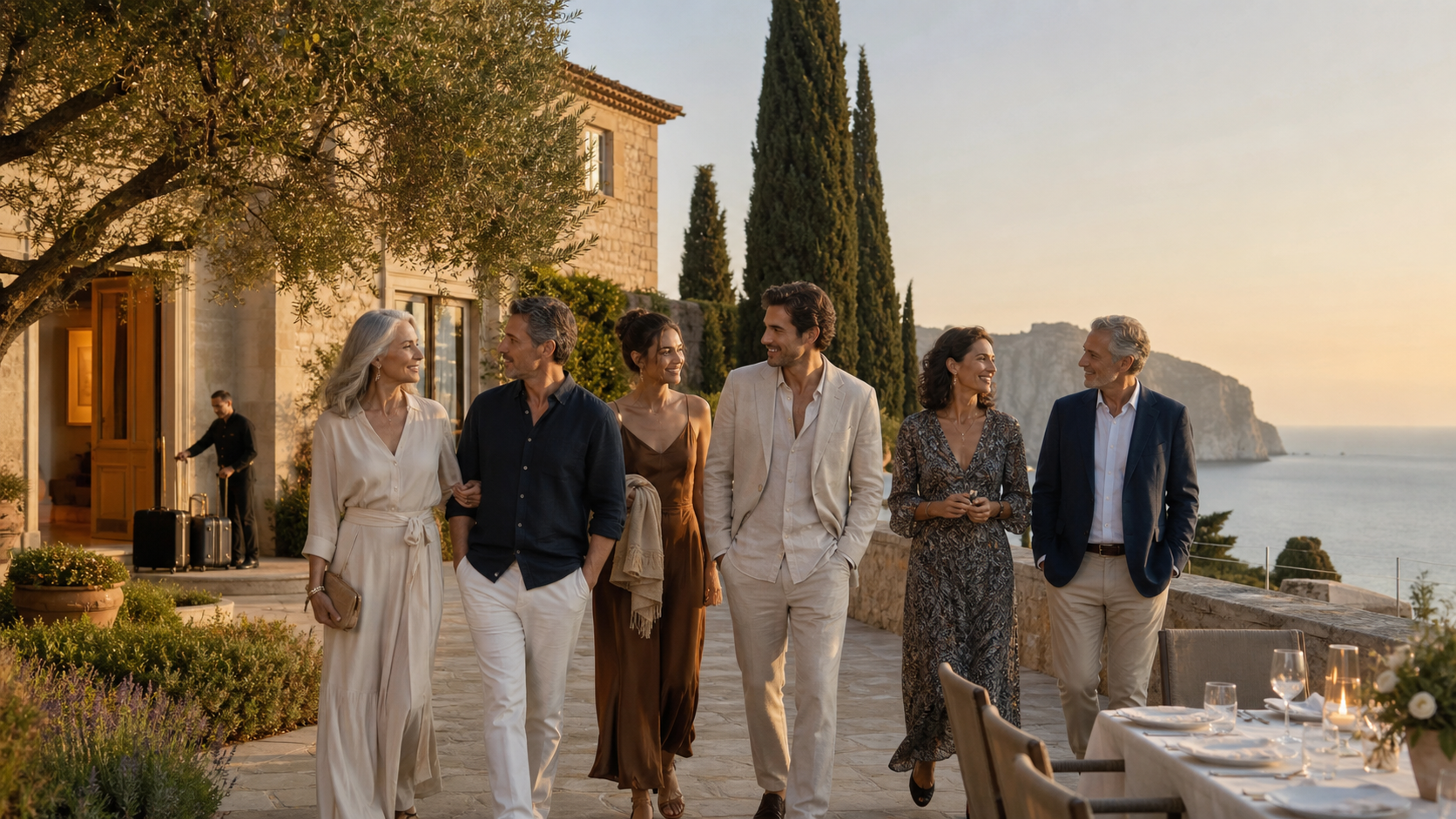 Six travelers walking on the terrace of a private Mediterranean villa at golden hour