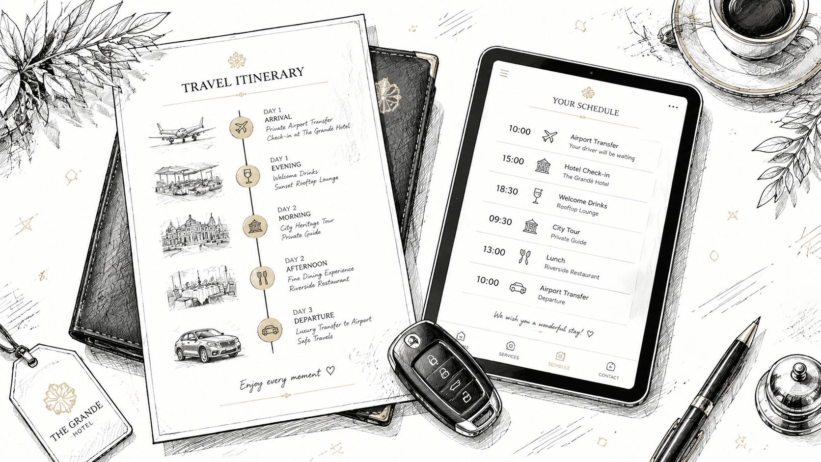 A professional travel itinerary and digital schedule for a luxury hotel stay arranged on a desk.