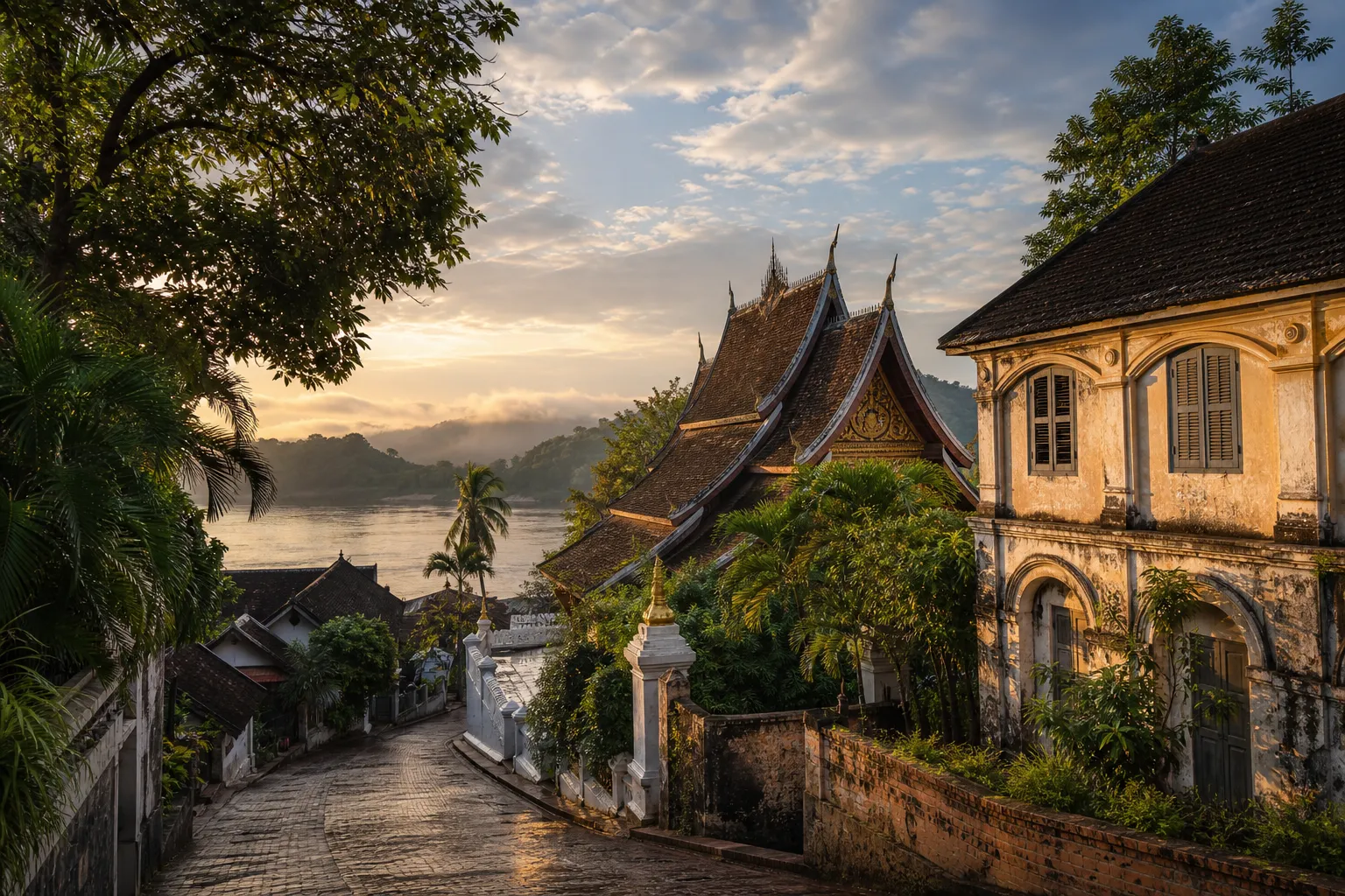 Historic temple roof and colonial architecture above the Mekong in Luang Prabang, Laos
