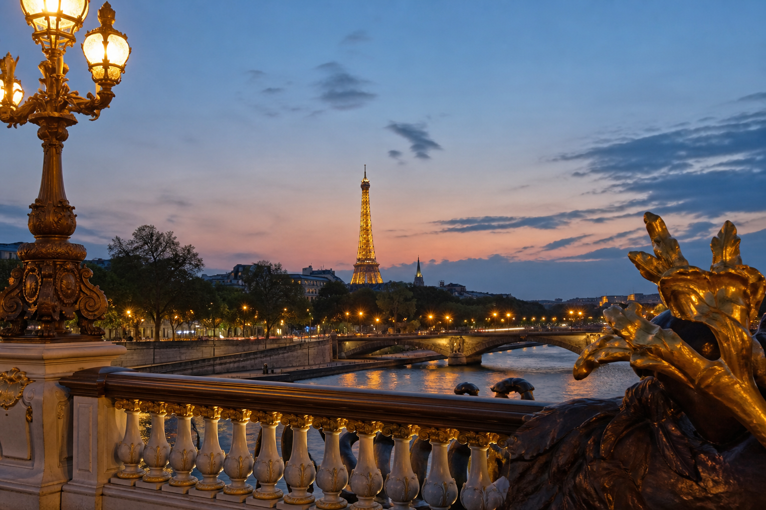 Eiffel Tower seen from Pont Alexandre III in Paris at blue hour