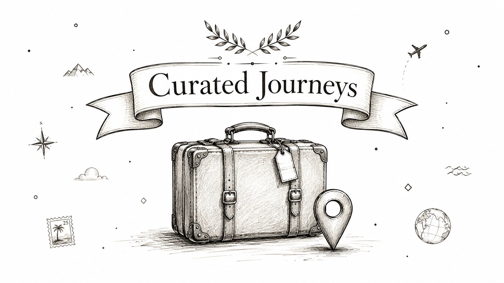A pencil sketch of a vintage suitcase with a location pin and travel icons on white background.