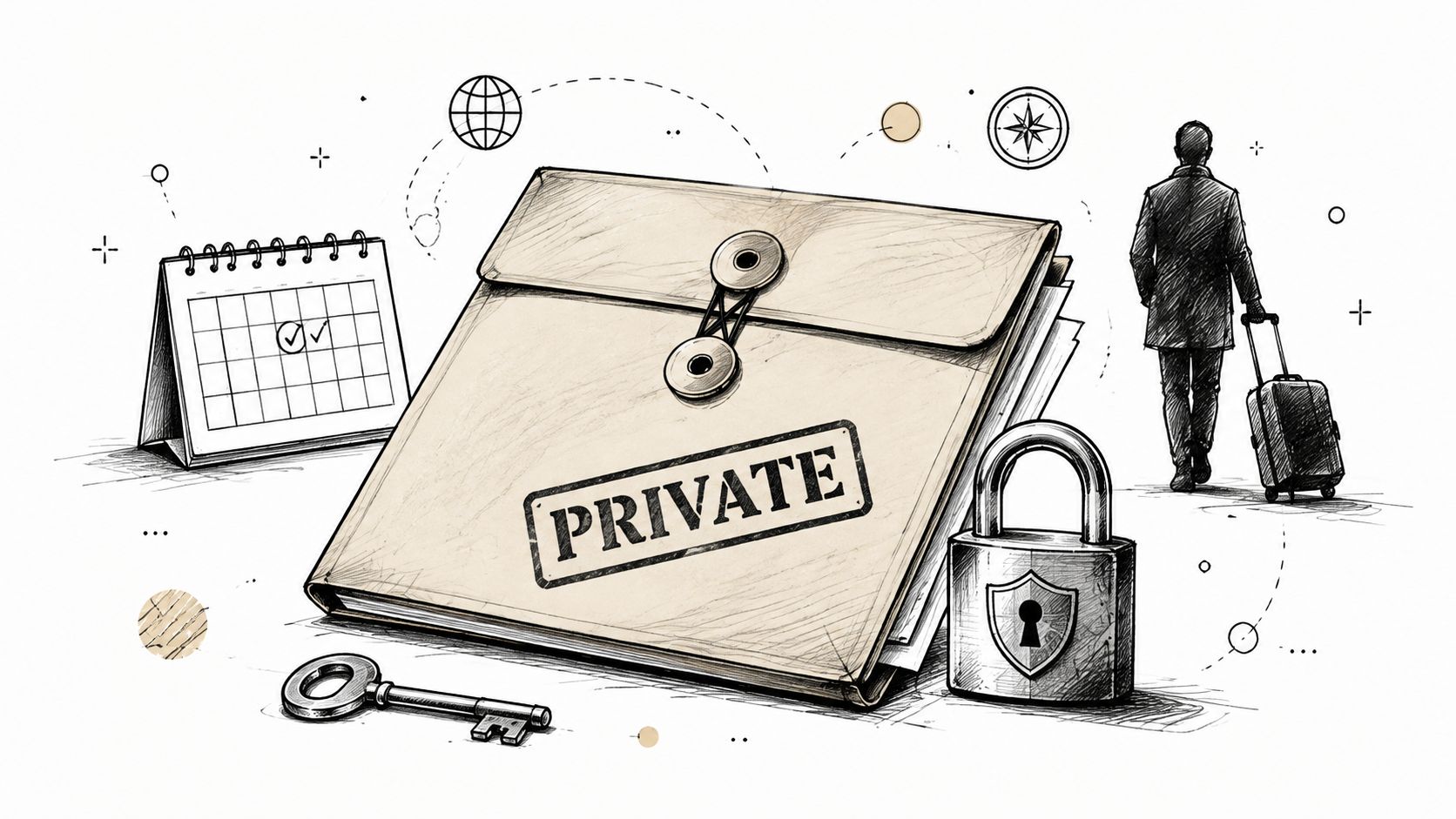 A pencil sketch of a private folder, lock, key, and a traveler walking away with luggage.