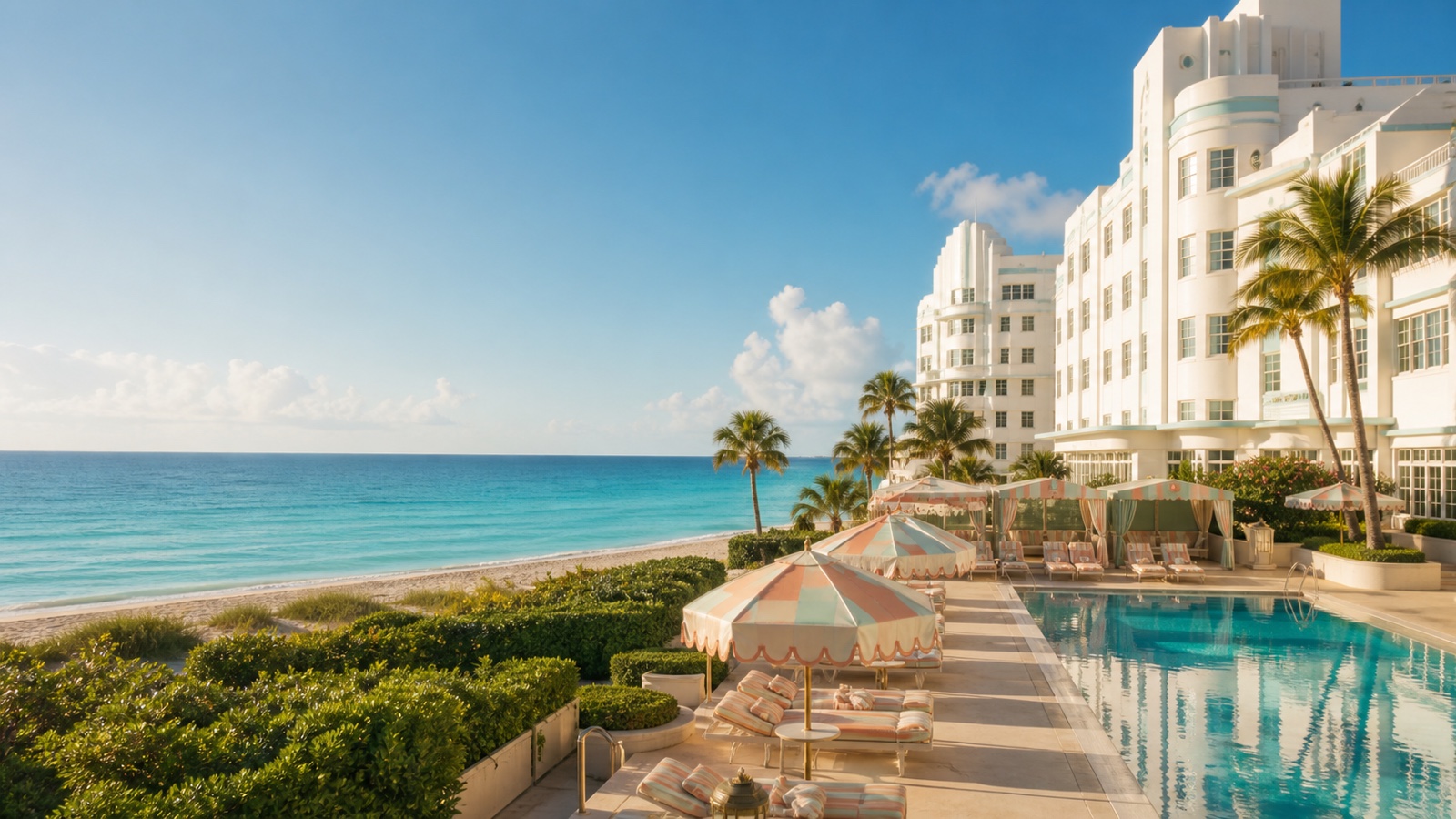 Turquoise Atlantic water and white Art Deco architecture in Miami Beach