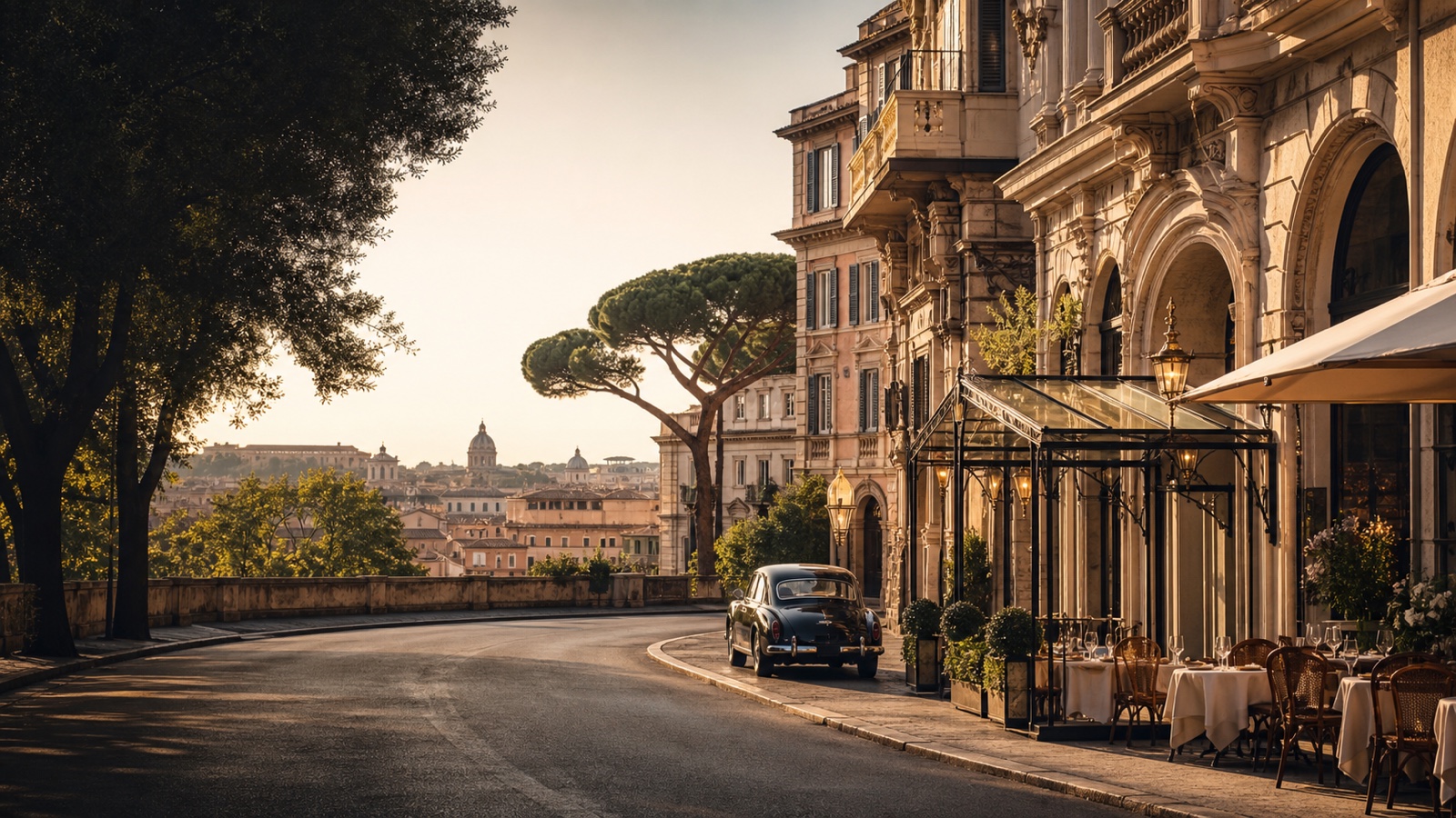 Early evening along Via Veneto in Rome with warm stone façades and café tables
