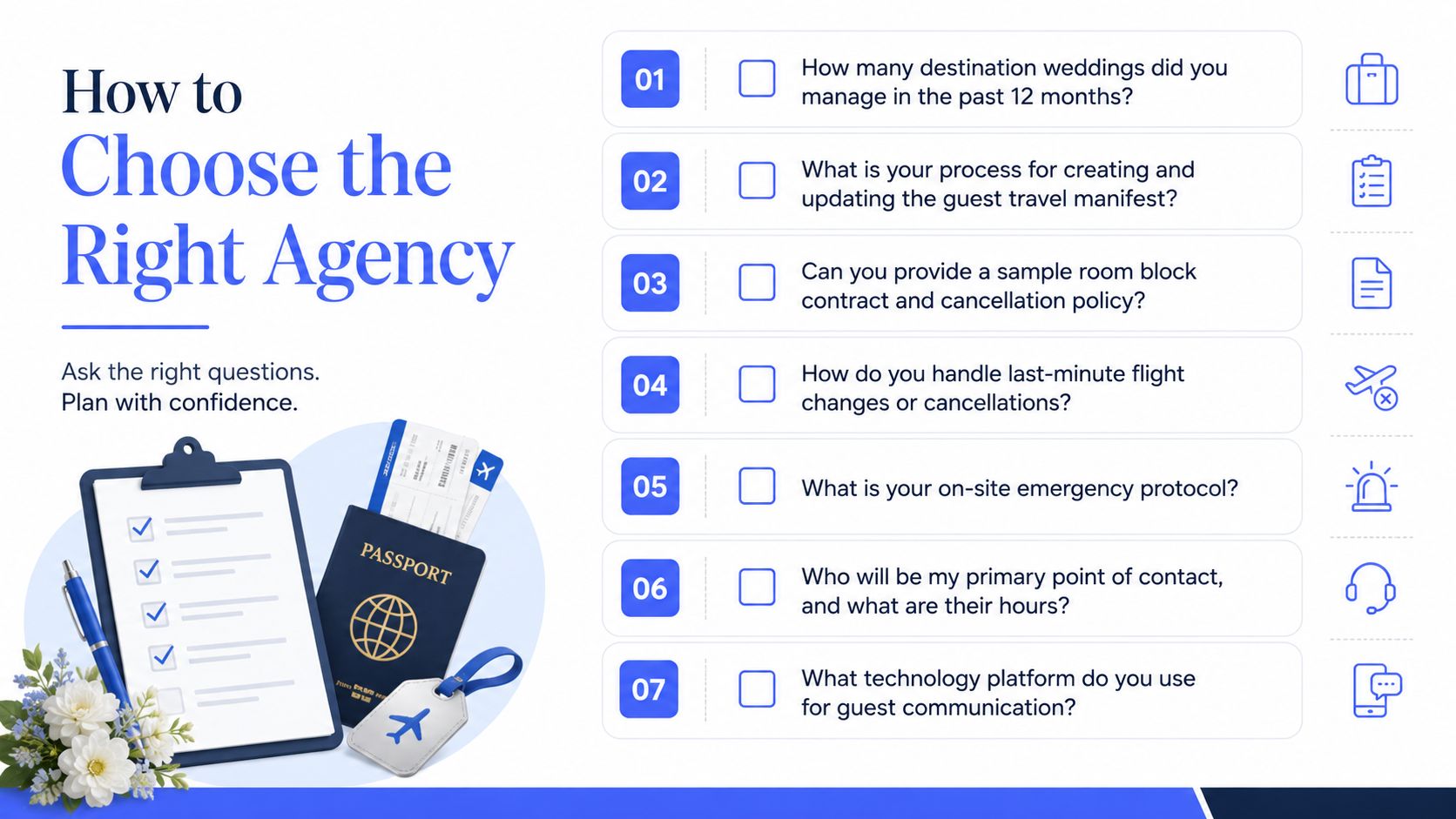 A checklist infographic titled How to Choose the Right Agency for planning a destination wedding with seven questions.