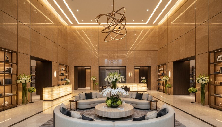 Sculptural luxury hotel lobby prepared for discreet executive and family travel