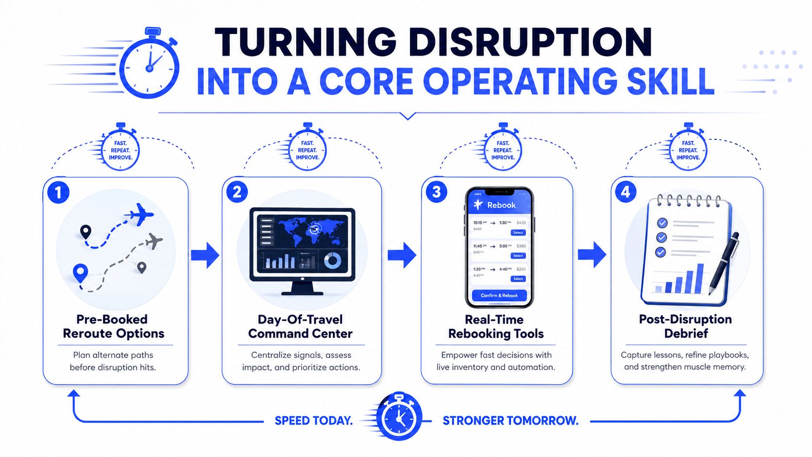 A four-step infographic illustrating a business process for effectively managing travel disruptions through planning and automation.