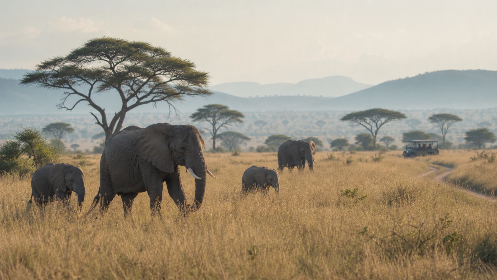 Elephant family crossing East African grassland with a distant safari vehicle on the track