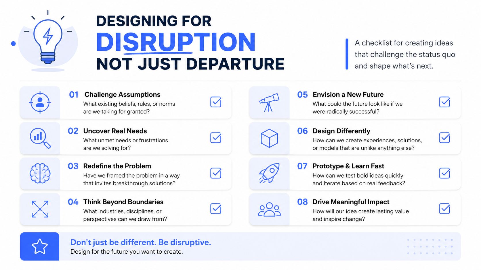 An infographic checklist for designing disruptive ideas, featuring eight steps to challenge the status quo.