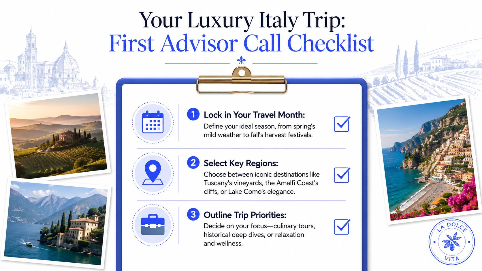A checklist for planning a luxury trip to Italy, featuring icons and images of Tuscan landscapes.