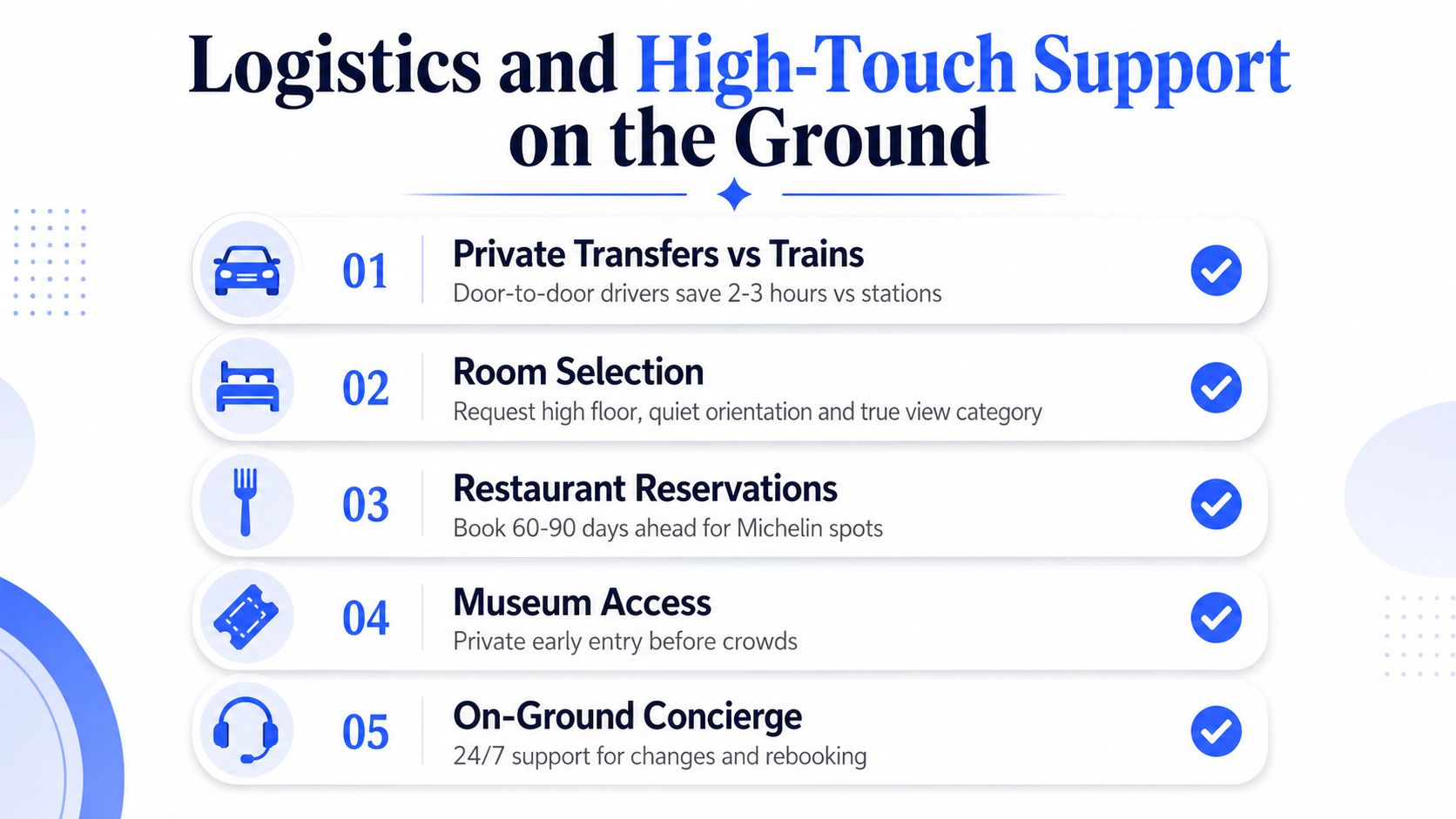 A list outlining high-touch travel logistics including private transfers, room selection, restaurant reservations, museum access, and 24/7 concierge.
