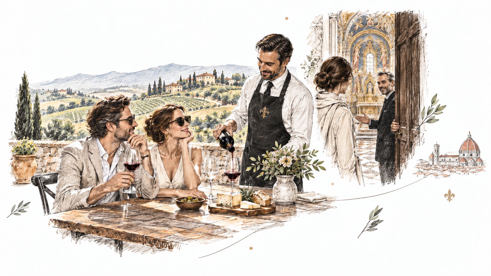 A elegant couple enjoys red wine at a Tuscan terrace with a view of Florence architecture.