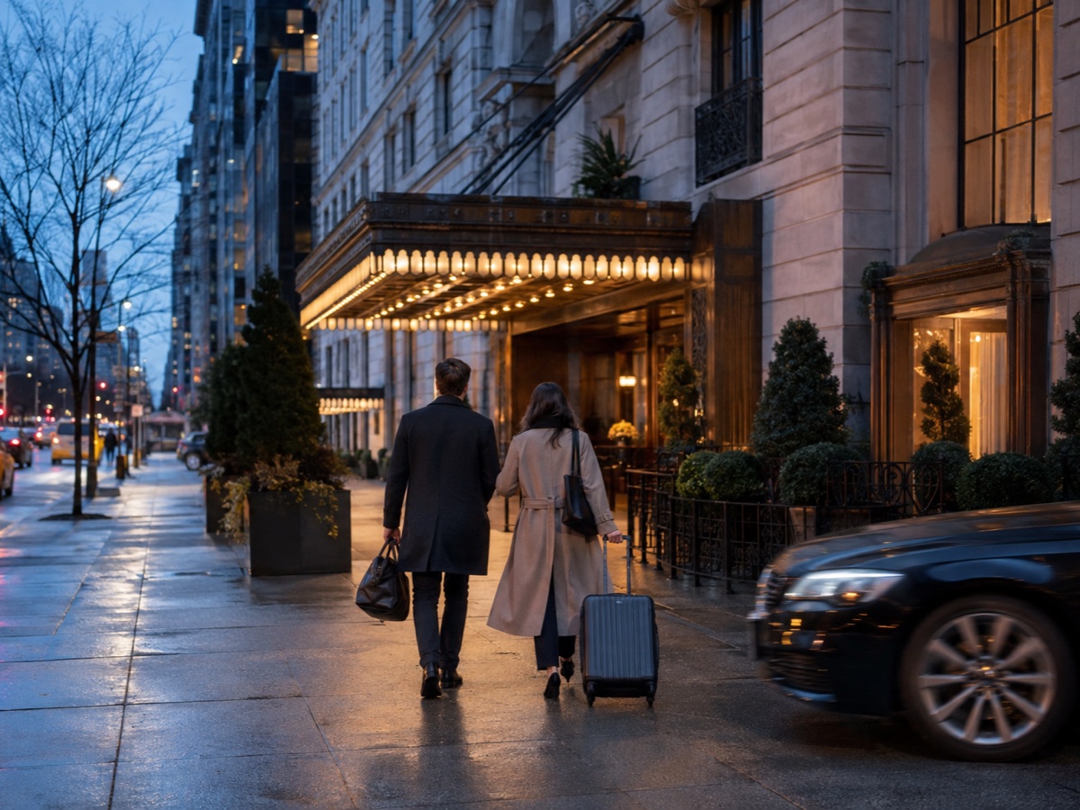 Travelers arriving at an elegant Manhattan hotel at blue hour