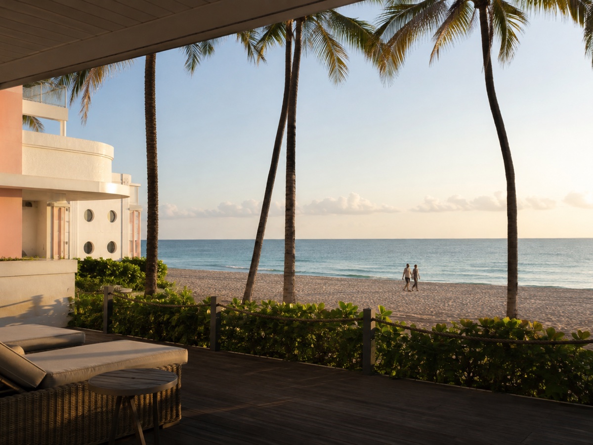 Quiet Miami Beach at dawn viewed from an elegant oceanfront terrace