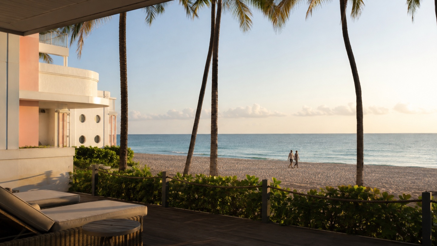 Quiet Miami Beach at dawn viewed from an elegant oceanfront terrace