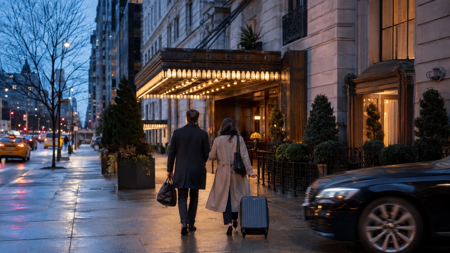 Travelers arriving at an elegant Manhattan hotel at blue hour
