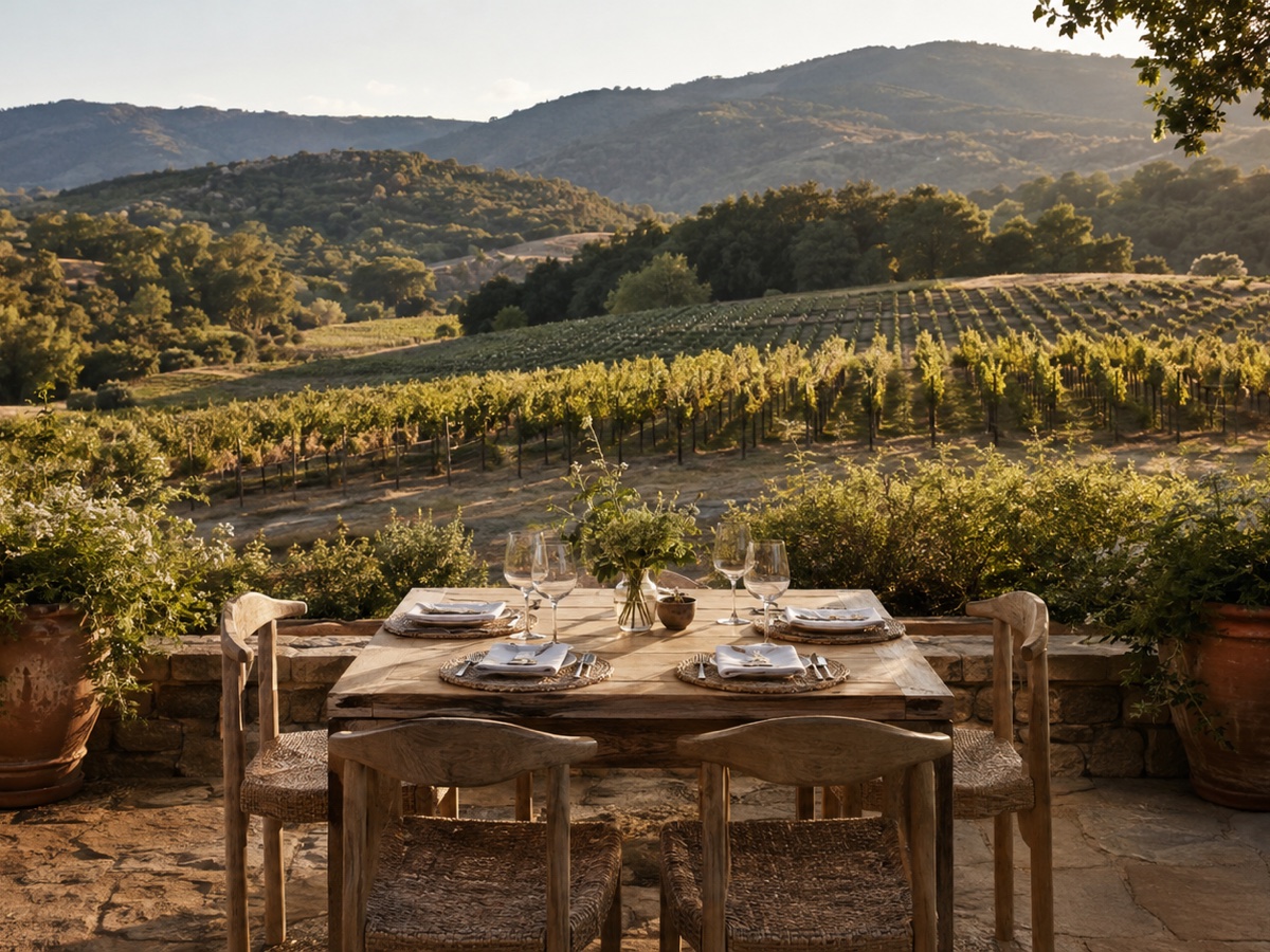 Elegant vineyard terrace overlooking Napa Valley rows in late afternoon