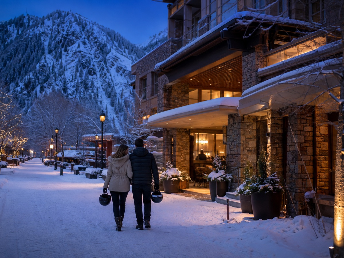 Travelers arriving at a discreet Aspen hotel after fresh snowfall