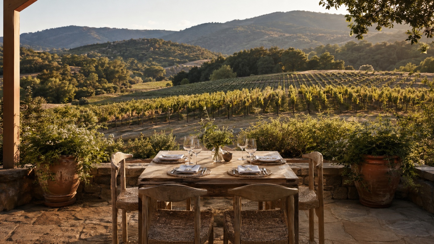 Elegant vineyard terrace overlooking Napa Valley rows in late afternoon