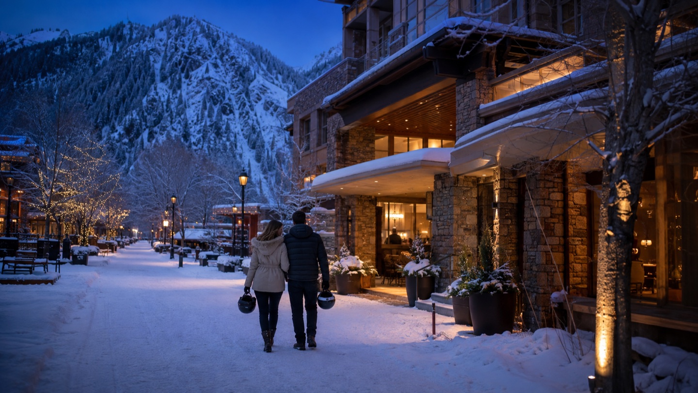 Travelers arriving at a discreet Aspen hotel after fresh snowfall