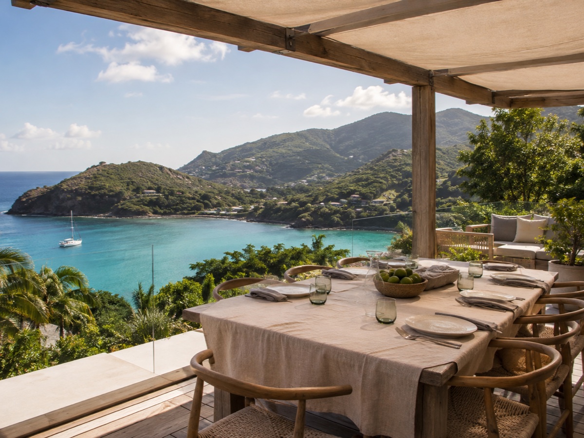 Private villa terrace overlooking a turquoise bay in St. Barths