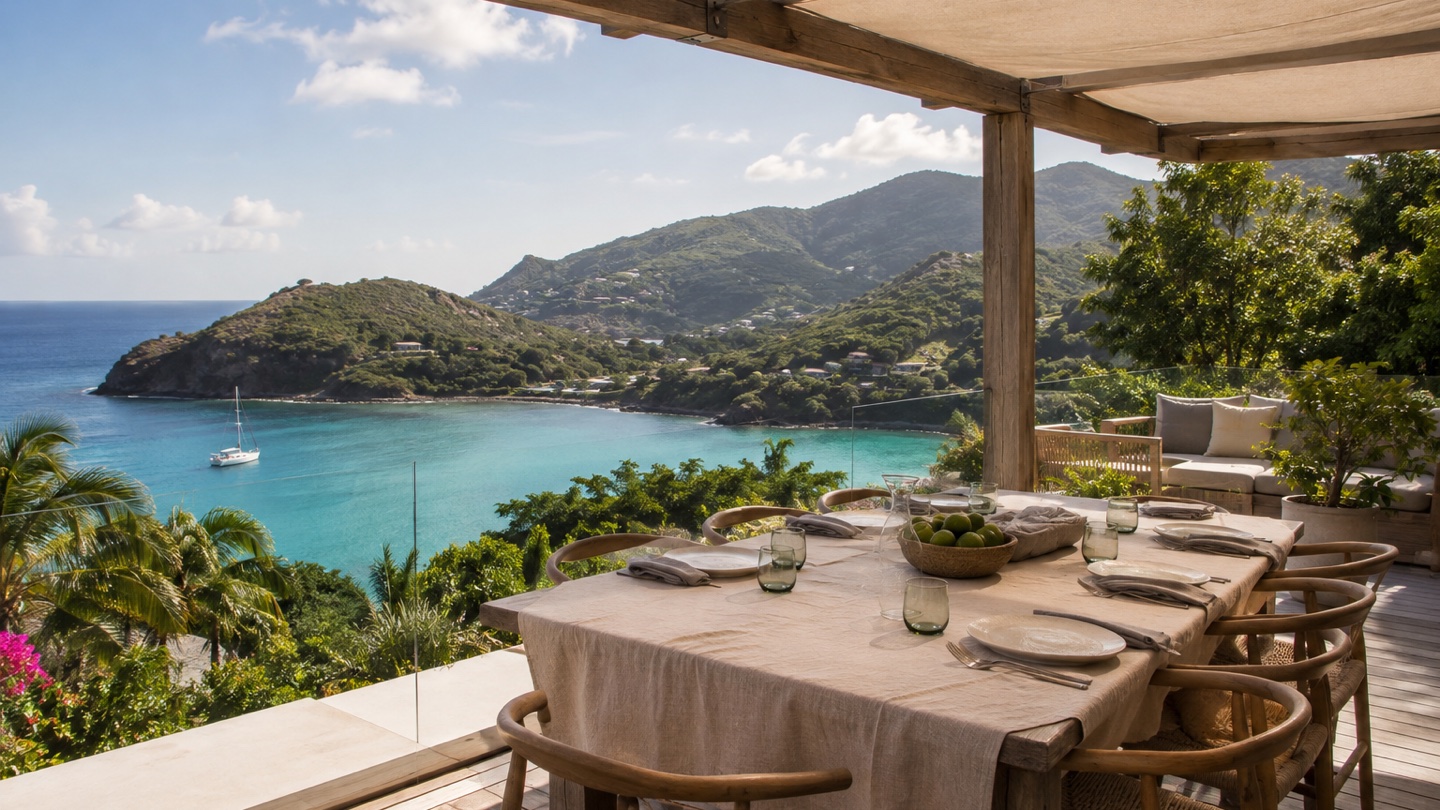 Private villa terrace overlooking a turquoise bay in St. Barths