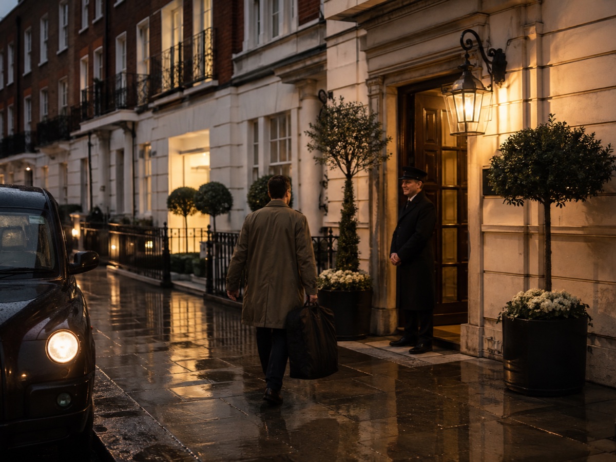 Traveler arriving at an elegant Mayfair townhouse hotel on a rainy evening