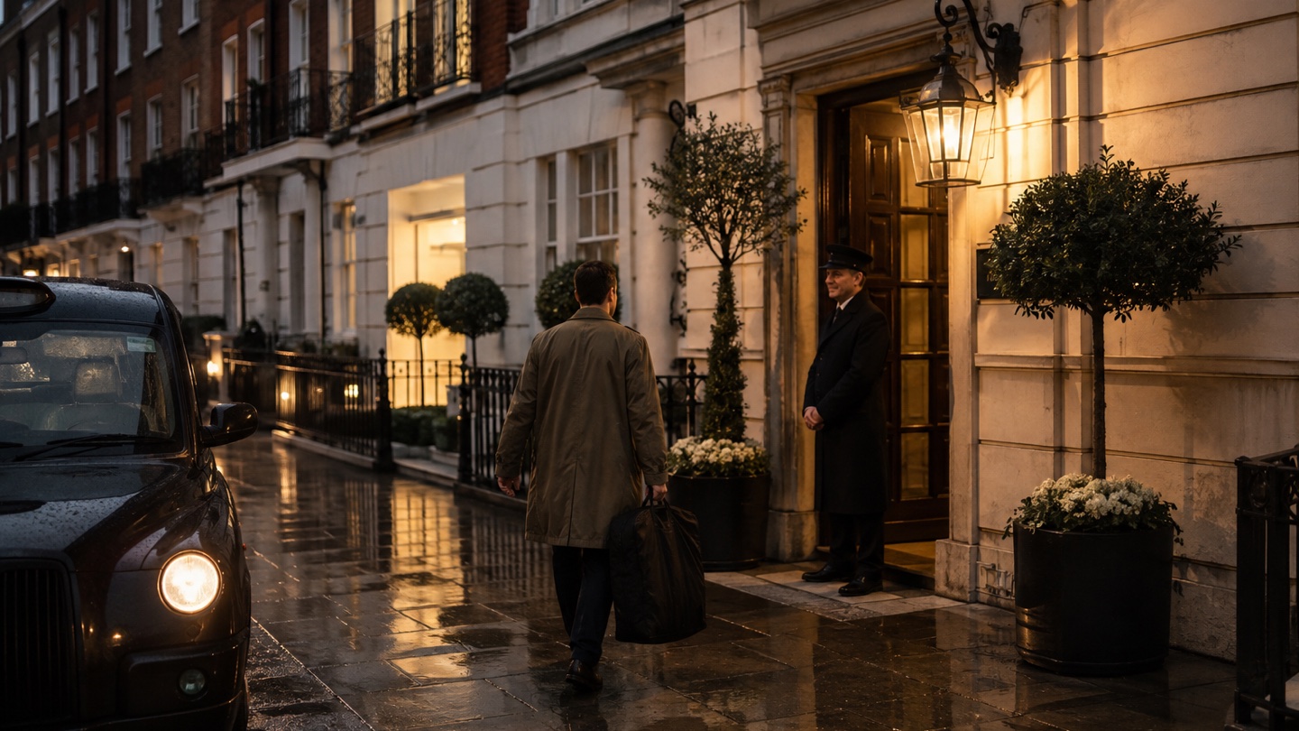 Traveler arriving at an elegant Mayfair townhouse hotel on a rainy evening