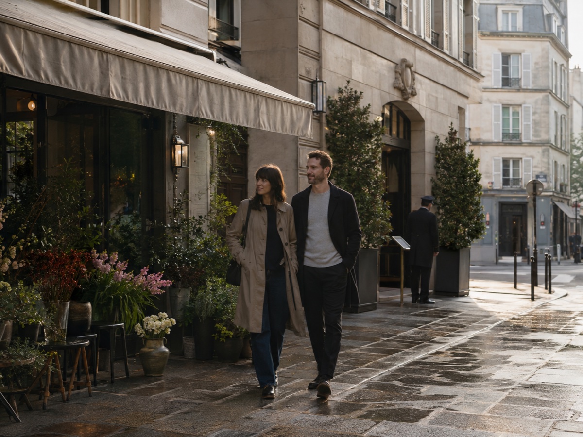 Quiet early morning street near an elegant Left Bank hotel in Paris
