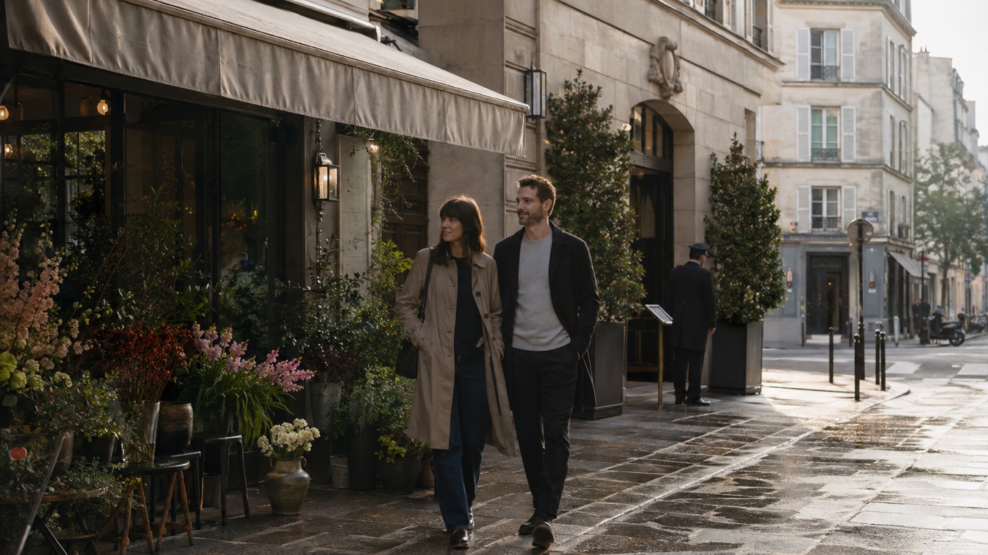 Quiet early morning street near an elegant Left Bank hotel in Paris
