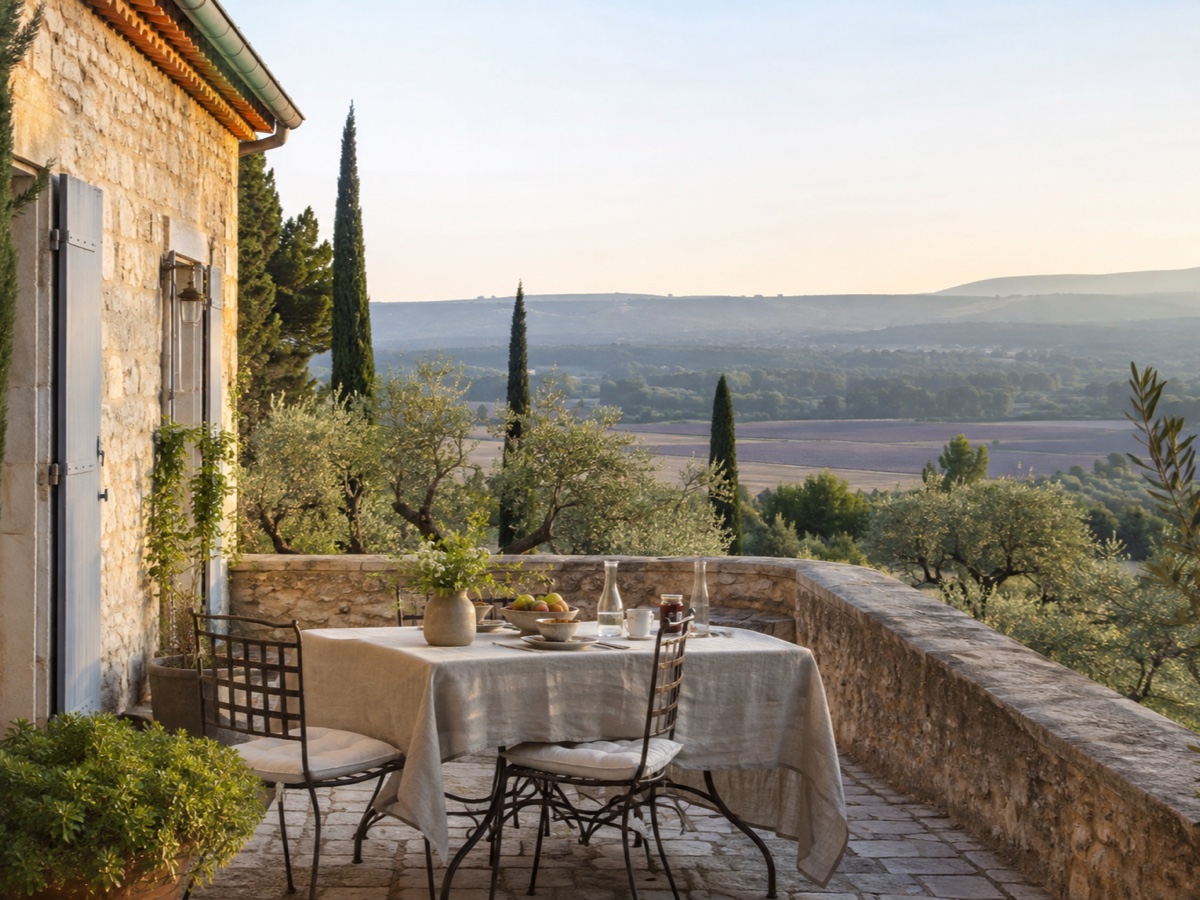 Stone farmhouse terrace among olive trees and lavender fields in Provence