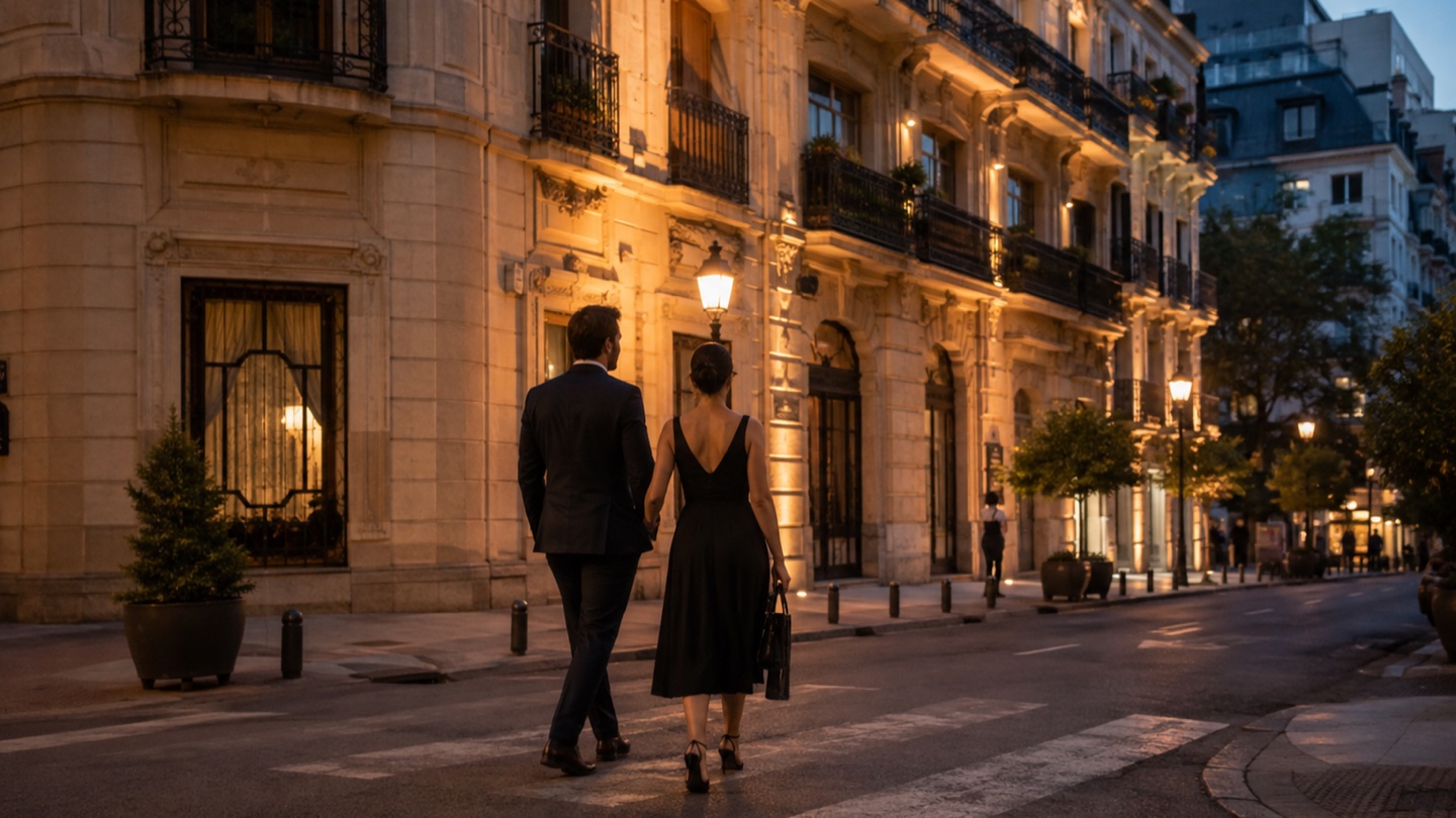Couple walking through central Madrid toward dinner at dusk