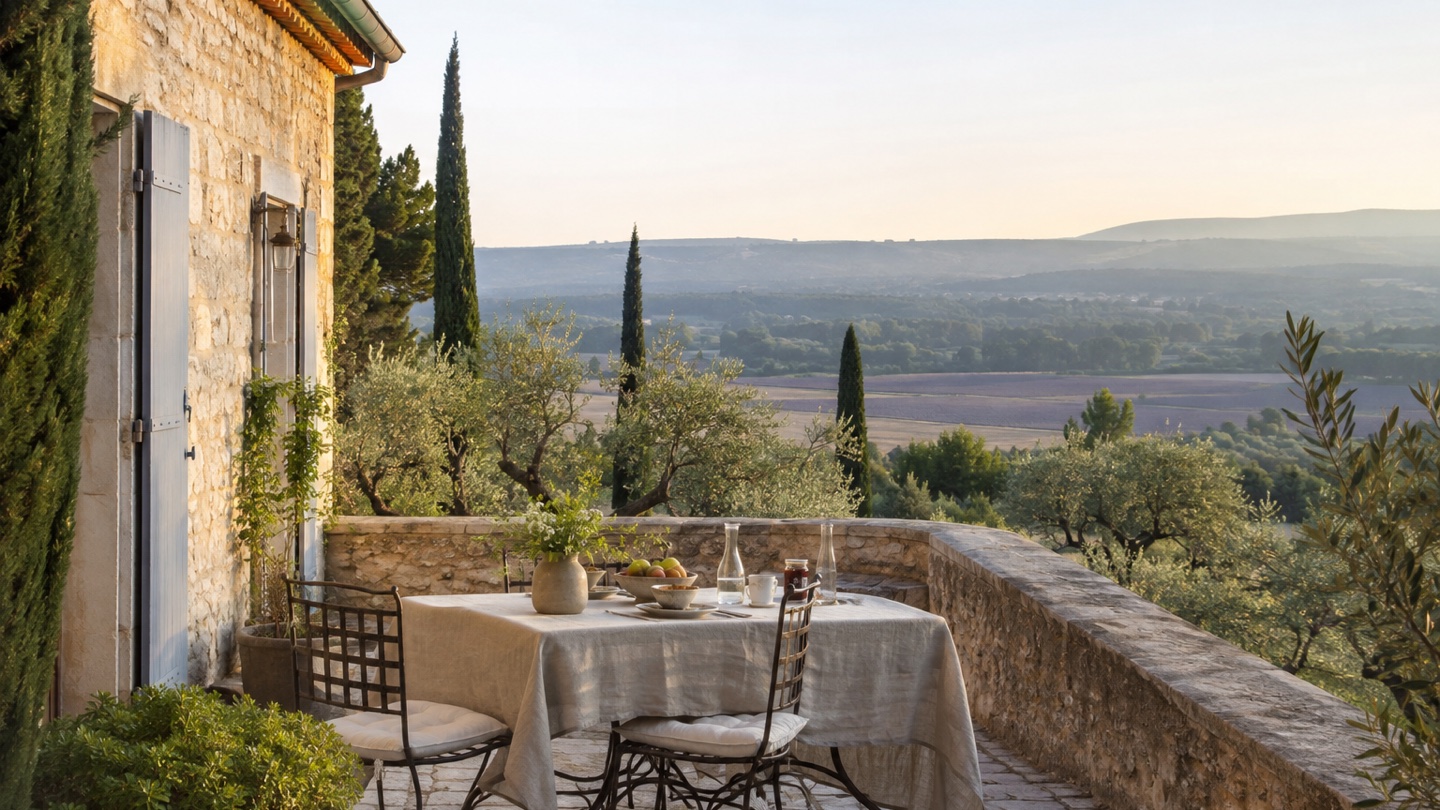 Stone farmhouse terrace among olive trees and lavender fields in Provence