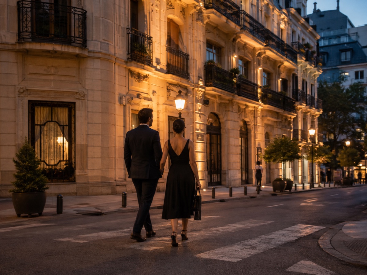 Couple walking through central Madrid toward dinner at dusk