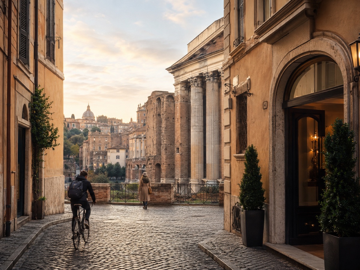 Quiet cobbled lane and elegant hotel doorway in Rome at first light