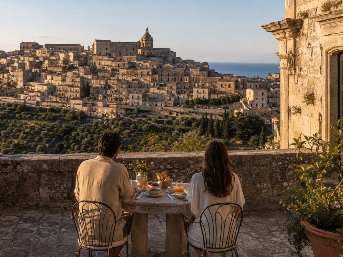 Breakfast terrace above a honey colored hill town and citrus groves in Sicily
