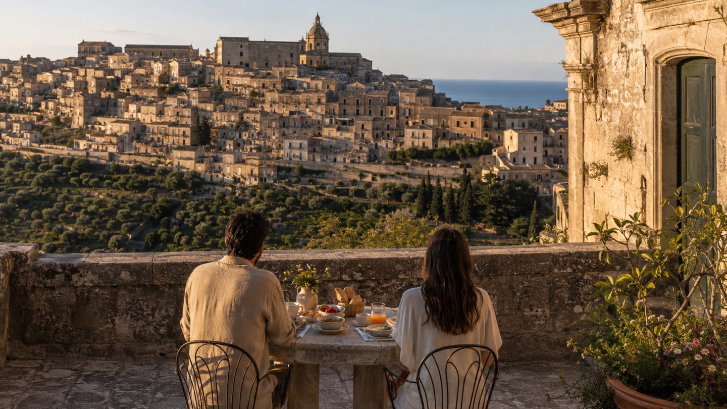 Breakfast terrace above a honey-stone town and citrus groves in Sicily