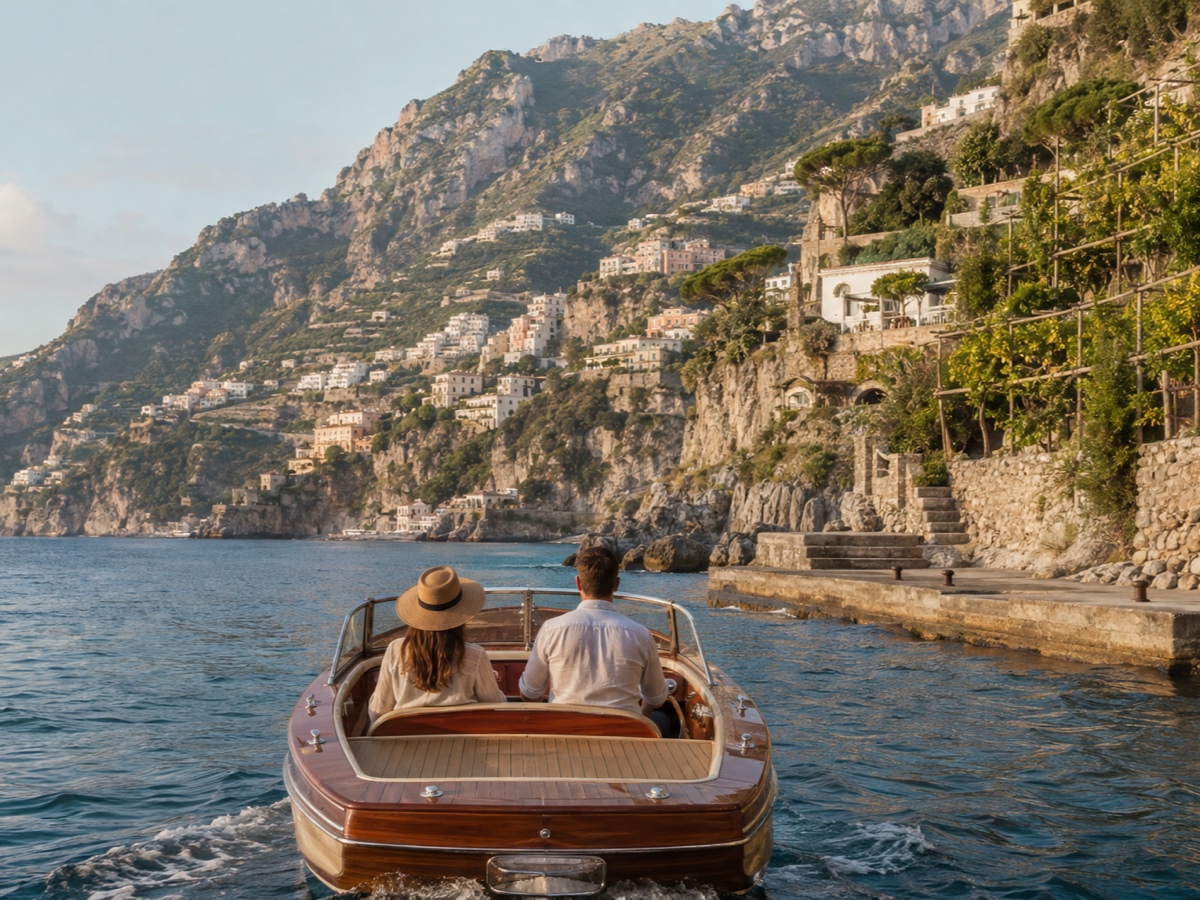 Travelers arriving by boat below terraced villages on the Amalfi Coast