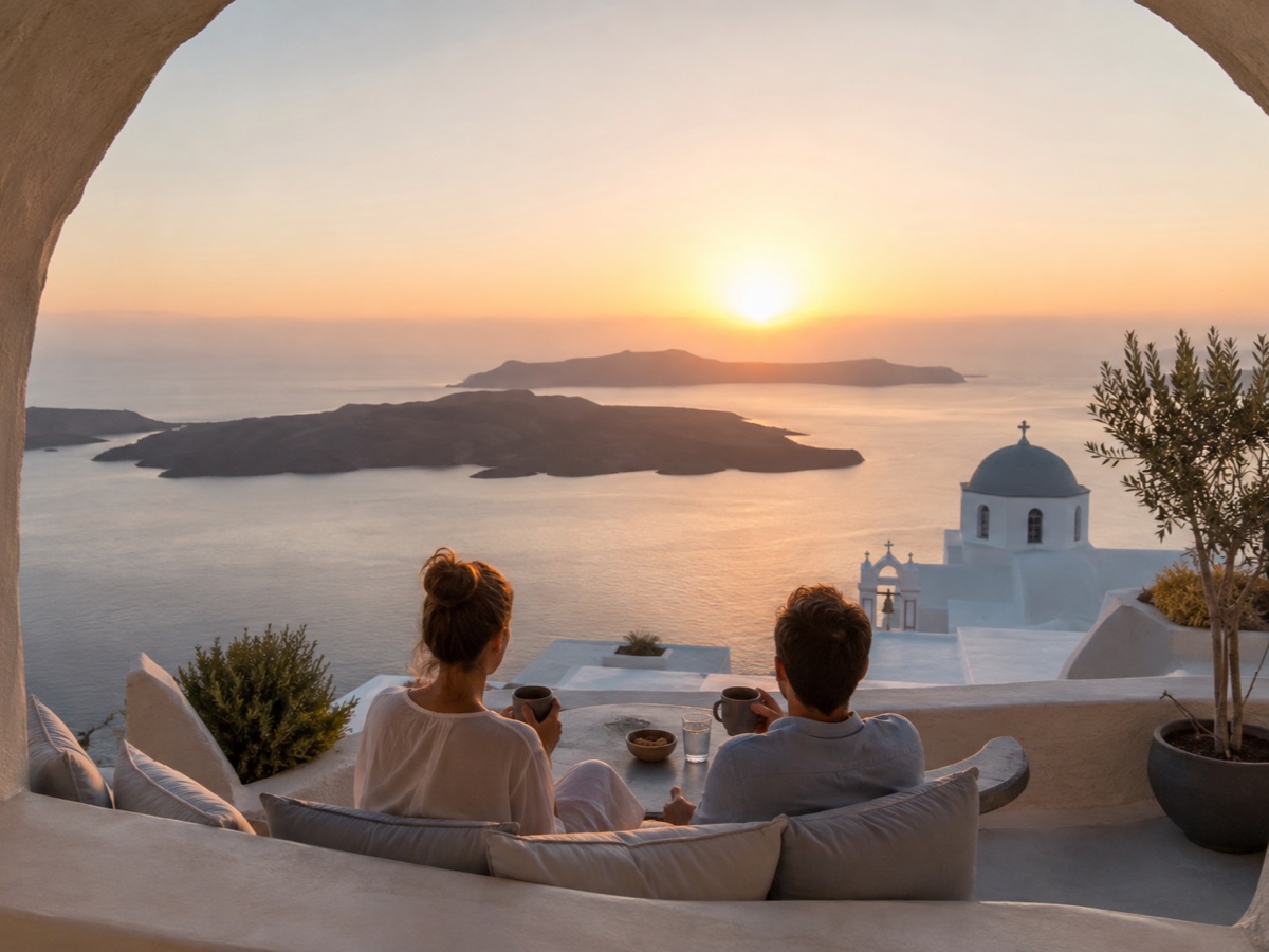 Quiet cave suite terrace overlooking Santorini's caldera at sunrise