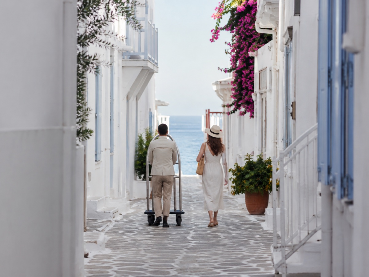 Traveler walking through a quiet whitewashed lane in Mykonos