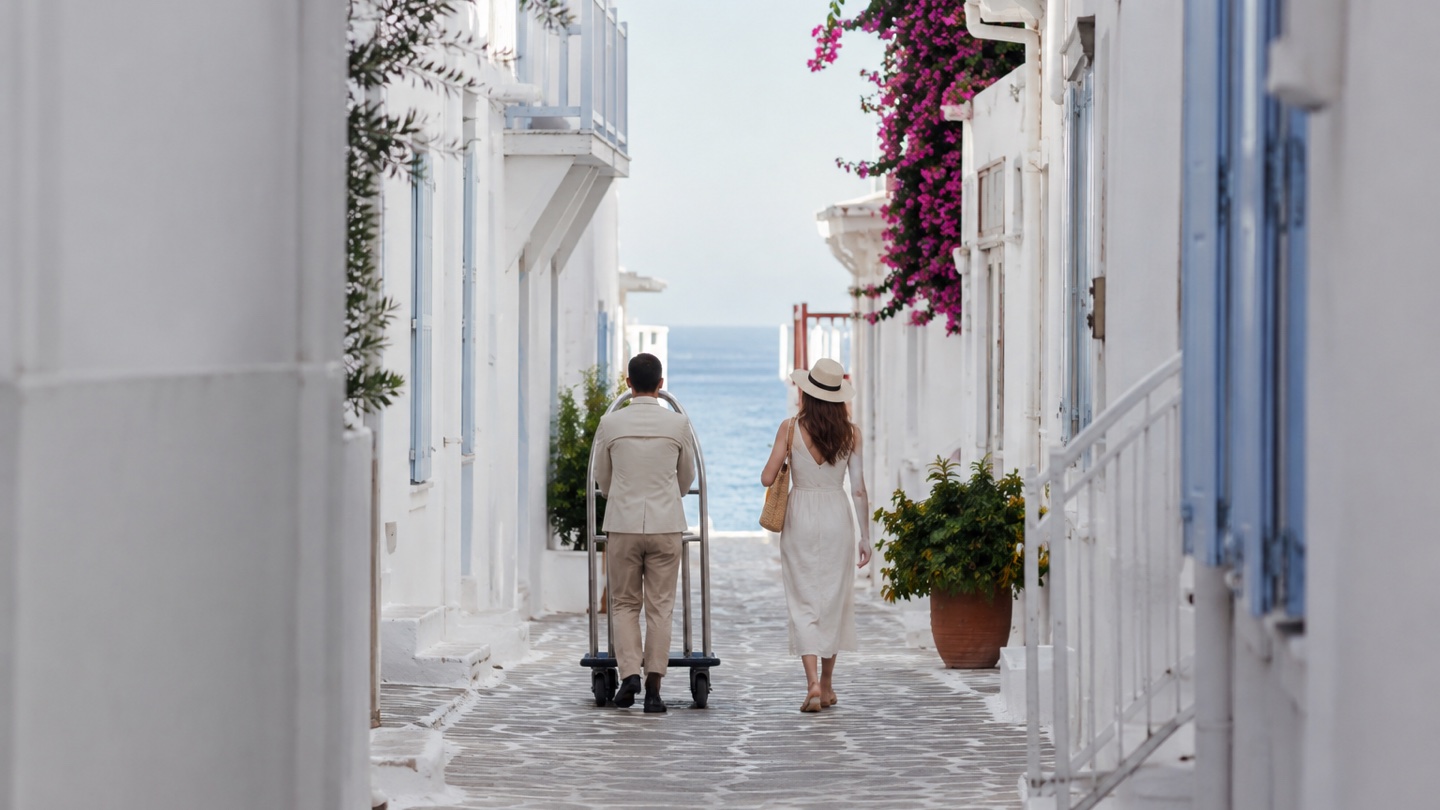 Traveler walking through a quiet whitewashed lane in Mykonos
