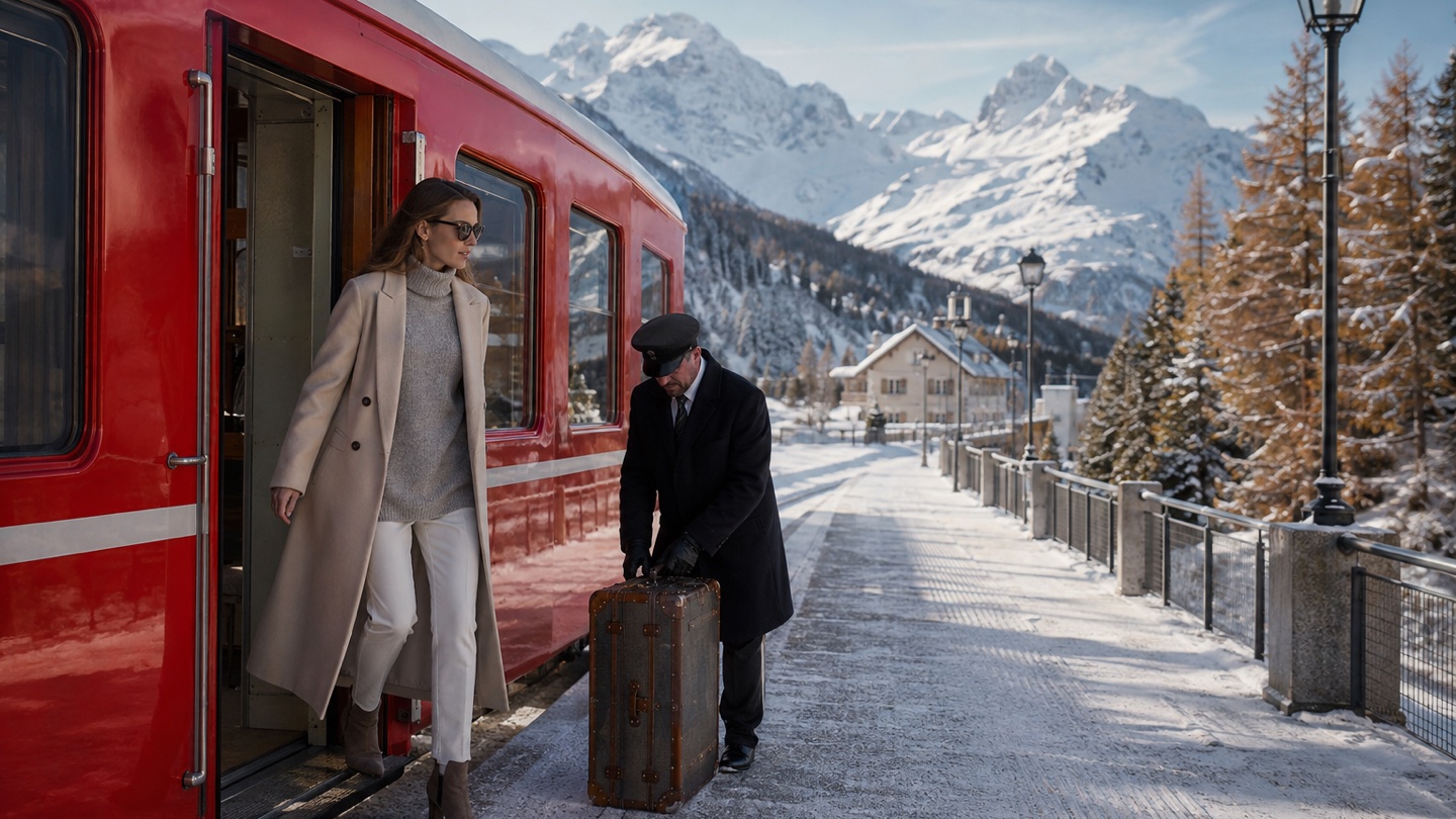 Traveler arriving by mountain train in snowy St. Moritz