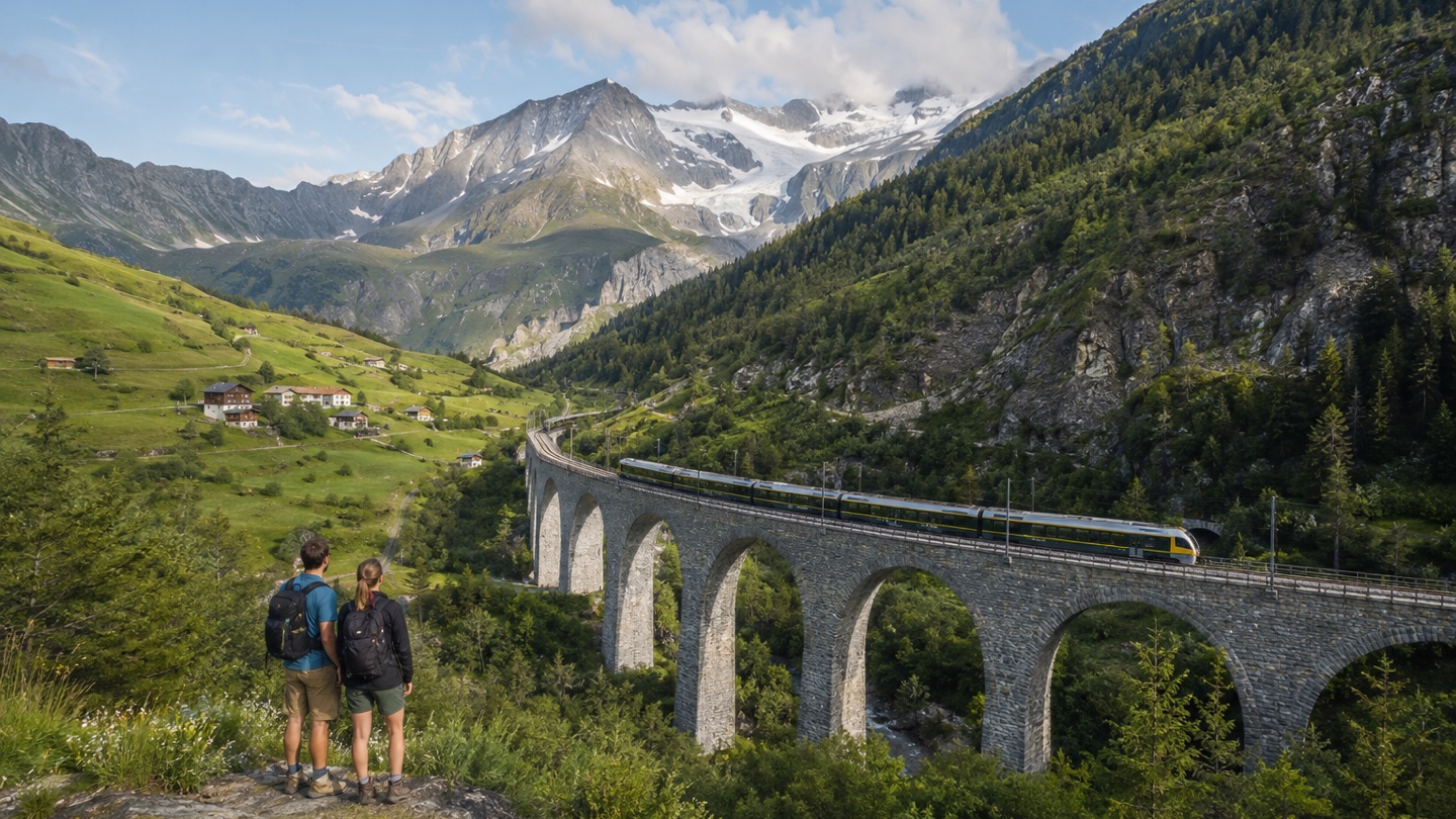 Panoramic train crossing a mountain valley in the Swiss Alps