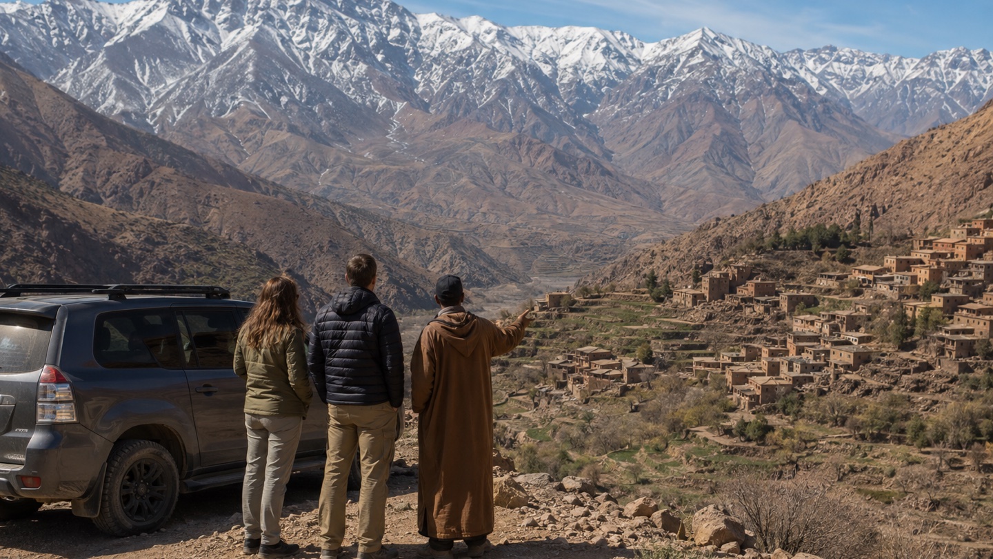 Travelers and guide overlooking a village in Morocco's High Atlas