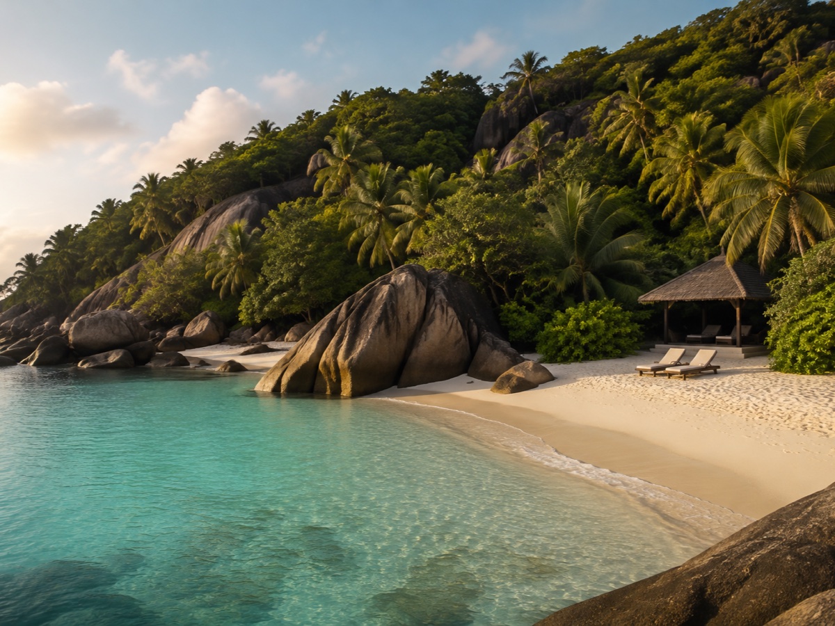 Granite boulders and a quiet beach pavilion beside a turquoise Seychelles cove