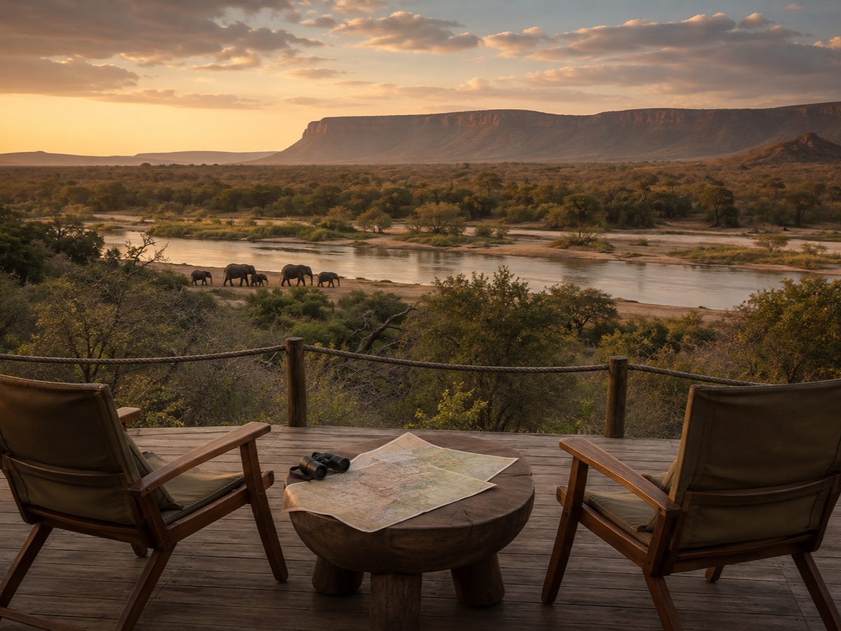 Elephants beside a river viewed from a safari lodge deck in Southern Africa