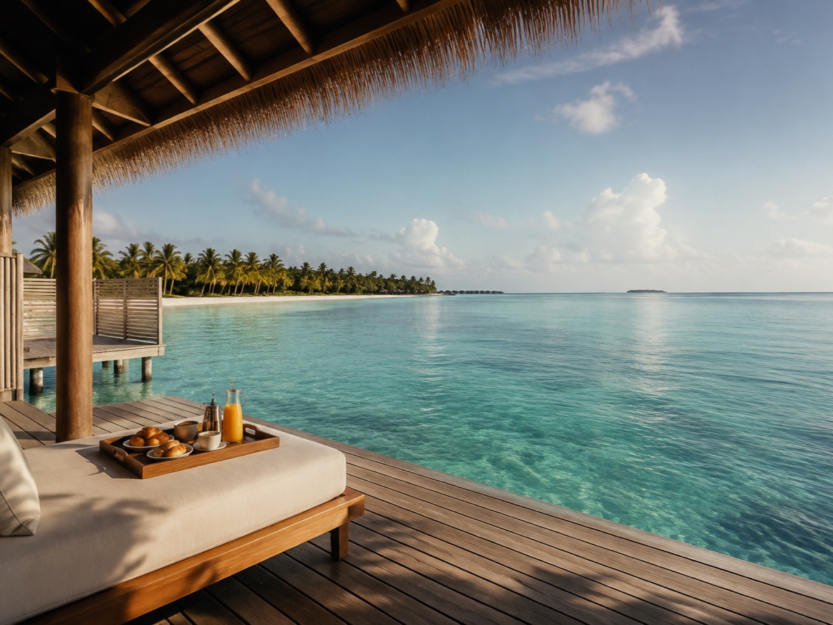 Breakfast tray on an overwater villa terrace above a turquoise Maldives lagoon