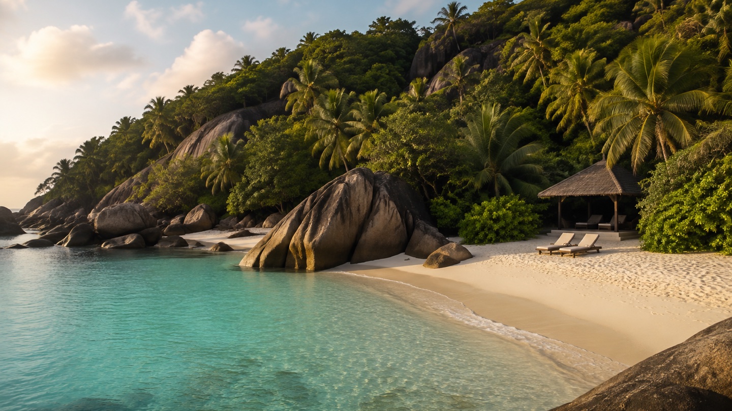 Granite boulders and a quiet beach pavilion beside a turquoise Seychelles cove