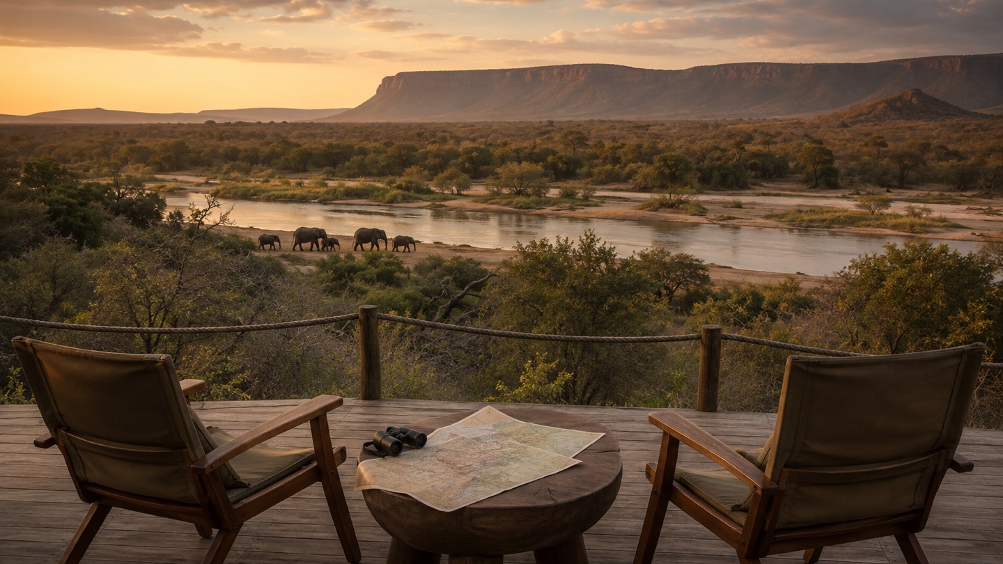 Elephants beside a river viewed from a safari lodge deck in Southern Africa