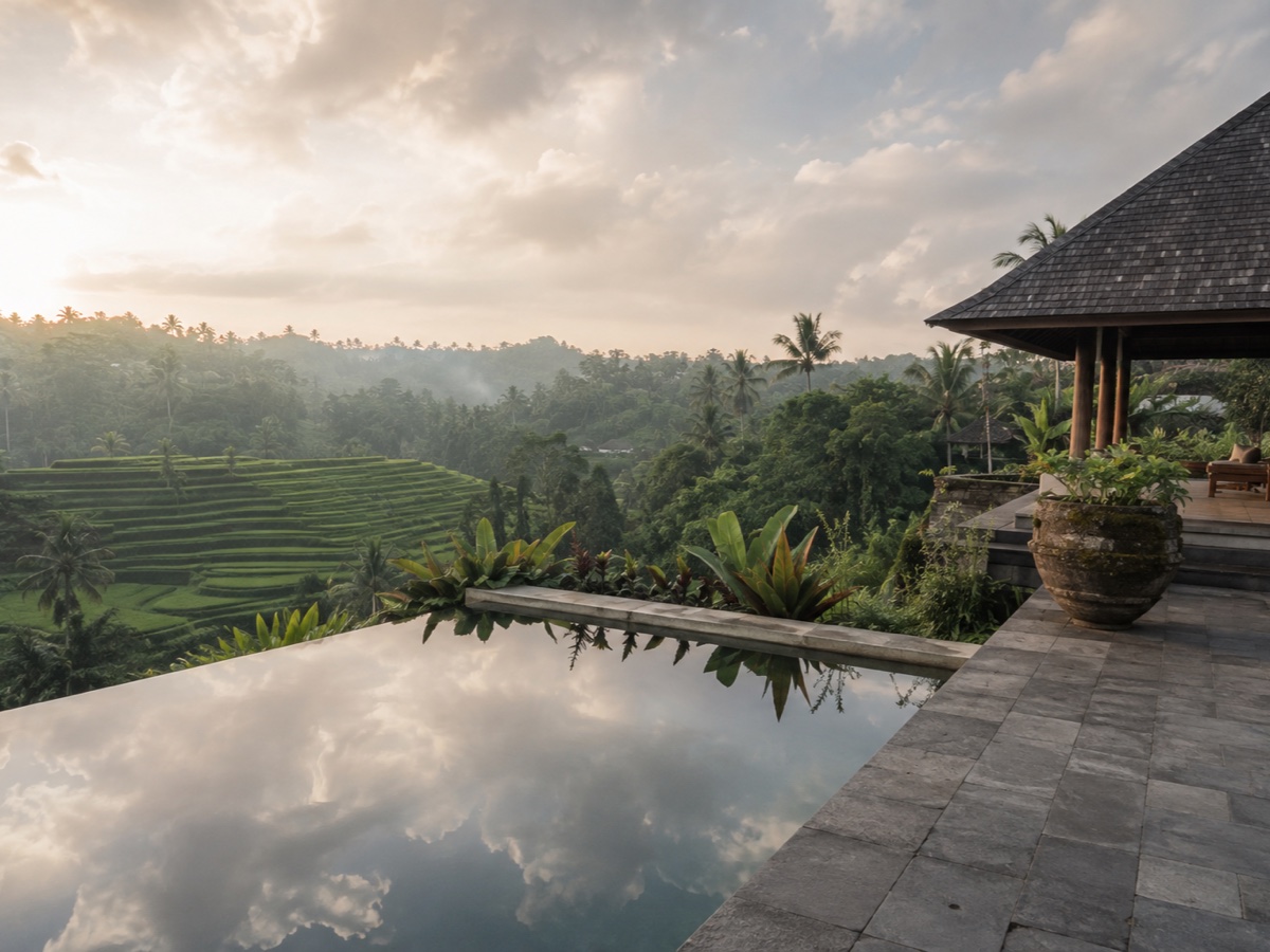 Private villa terrace and reflecting pool above Bali rice fields